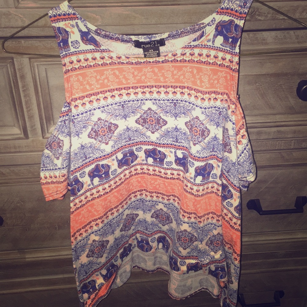 Blue and peach print flowy off the shoulder top